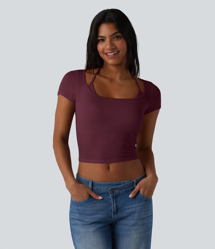 Ribbed Halter Tie Back Built-in Bra Short Sleeve Cropped Casual T-Shirt Ribbed Halter Tie Back Built-in Bra Short Sleeve Cropped Casual T-Shirt