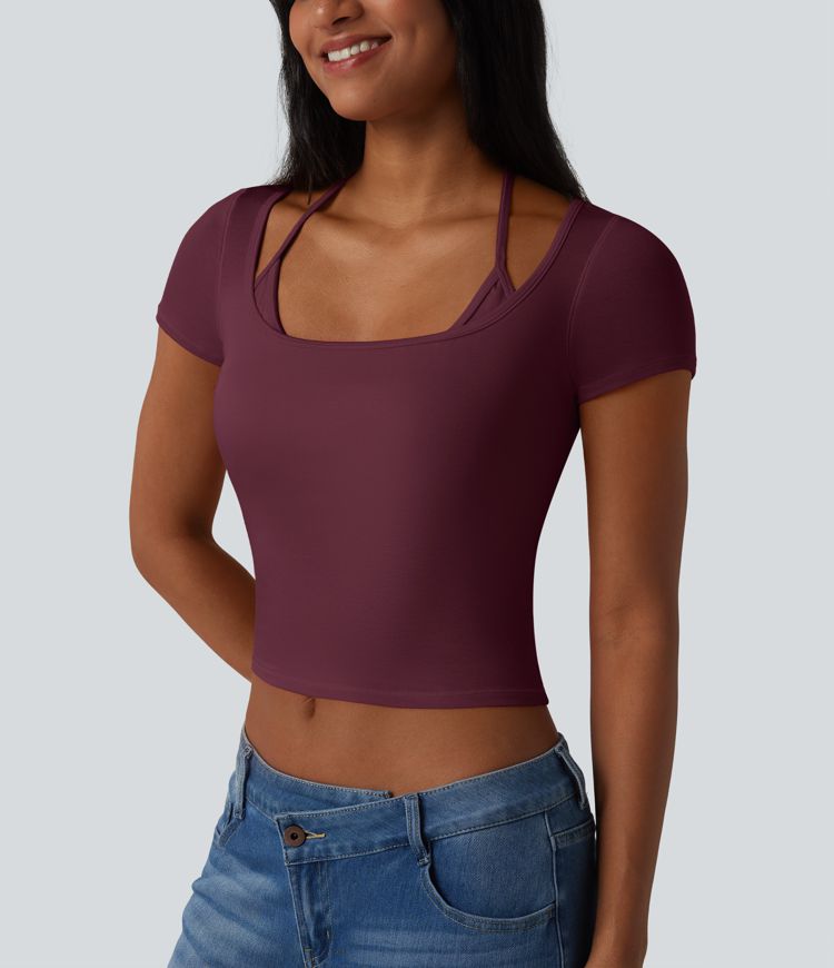 Ribbed Halter Tie Back Built-in Bra Short Sleeve Cropped Casual T-Shirt Ribbed Halter Tie Back Built-in Bra Short Sleeve Cropped Casual T-Shirt