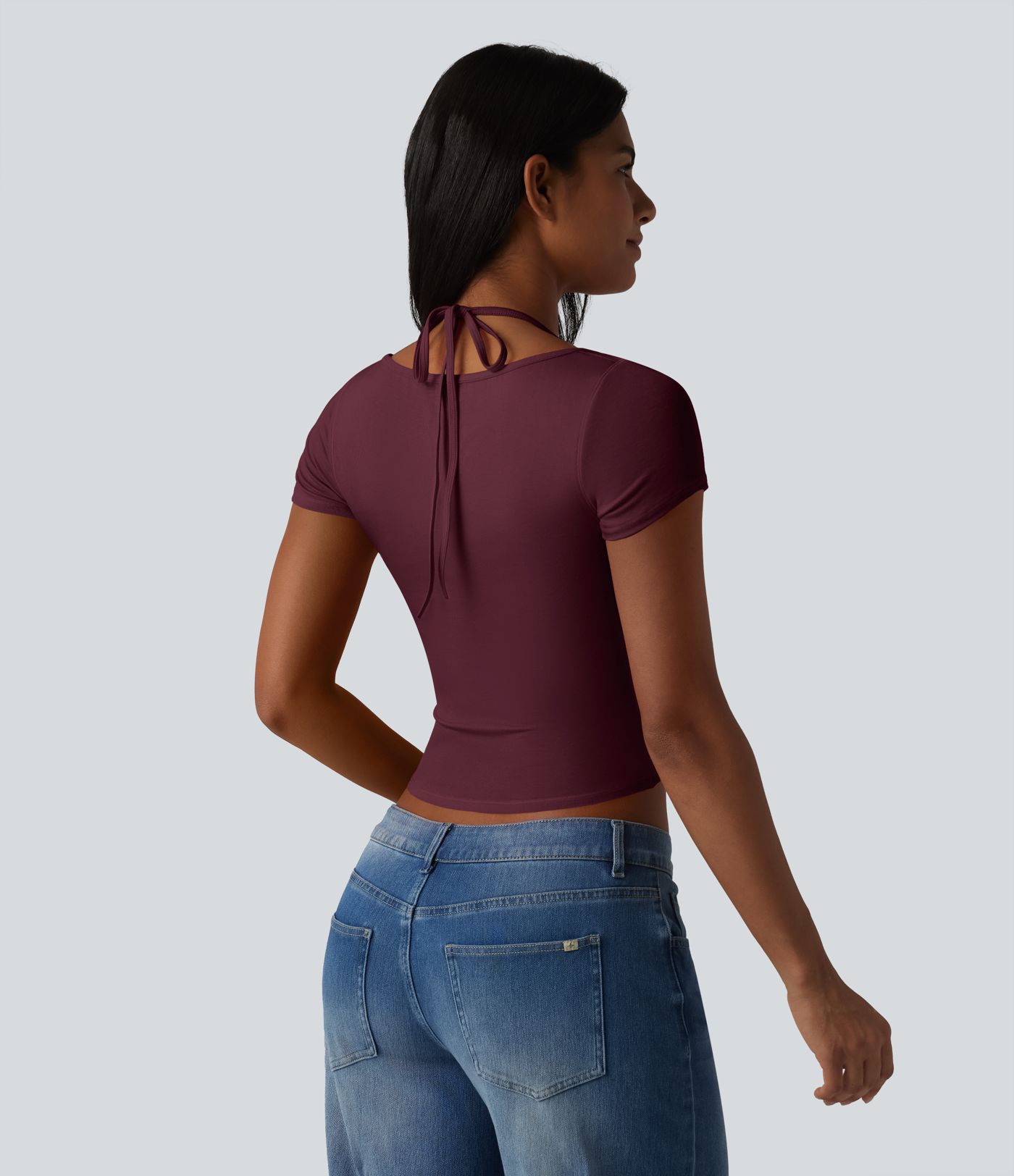 Ribbed Halter Tie Back Built-in Bra Short Sleeve Cropped Casual T-Shirt Ribbed Halter Tie Back Built-in Bra Short Sleeve Cropped Casual T-Shirt