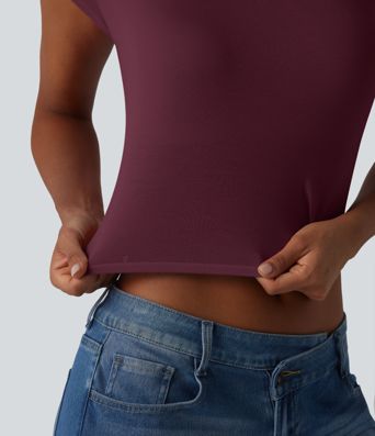Ribbed Halter Tie Back Built-in Bra Short Sleeve Cropped Casual T-Shirt Ribbed Halter Tie Back Built-in Bra Short Sleeve Cropped Casual T-Shirt