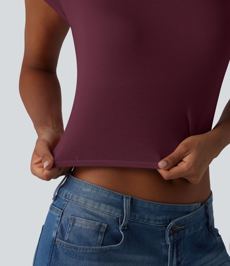 Ribbed Halter Tie Back Built-in Bra Short Sleeve Cropped Casual T-Shirt Ribbed Halter Tie Back Built-in Bra Short Sleeve Cropped Casual T-Shirt