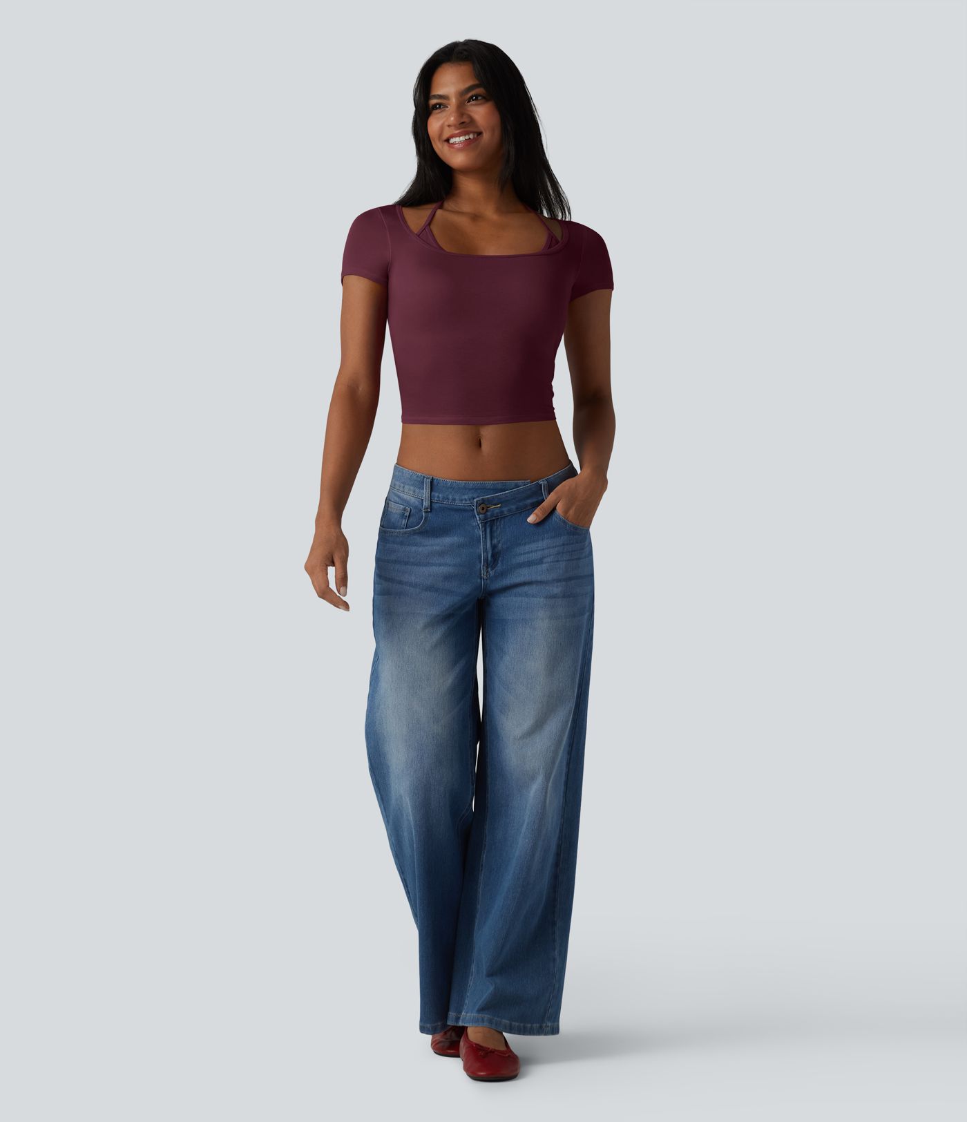 Ribbed Halter Tie Back Built-in Bra Short Sleeve Cropped Casual T-Shirt Ribbed Halter Tie Back Built-in Bra Short Sleeve Cropped Casual T-Shirt
