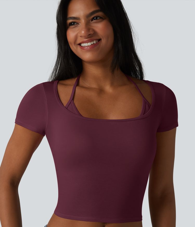Ribbed Halter Tie Back Built-in Bra Short Sleeve Cropped Casual T-Shirt Ribbed Halter Tie Back Built-in Bra Short Sleeve Cropped Casual T-Shirt
