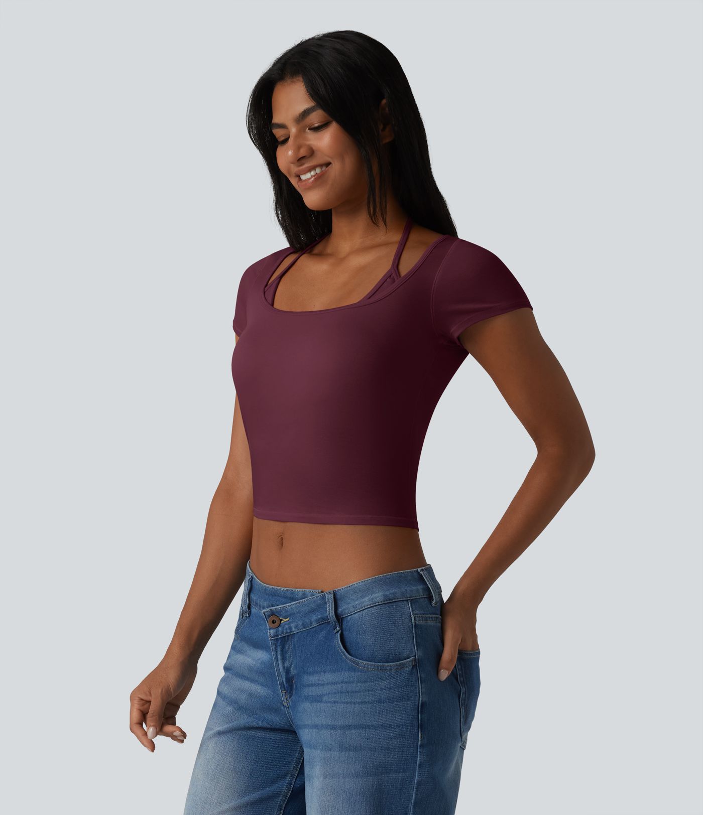 Ribbed Halter Tie Back Built-in Bra Short Sleeve Cropped Casual T-Shirt Ribbed Halter Tie Back Built-in Bra Short Sleeve Cropped Casual T-Shirt
