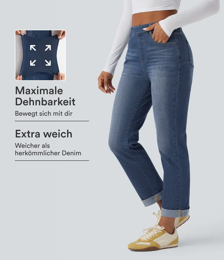 Halara Flex™ - Slim-Fit-Jeans aus elastischem Strick-Denim mit hohem Bund, Seitentaschen und gerolltem Saum