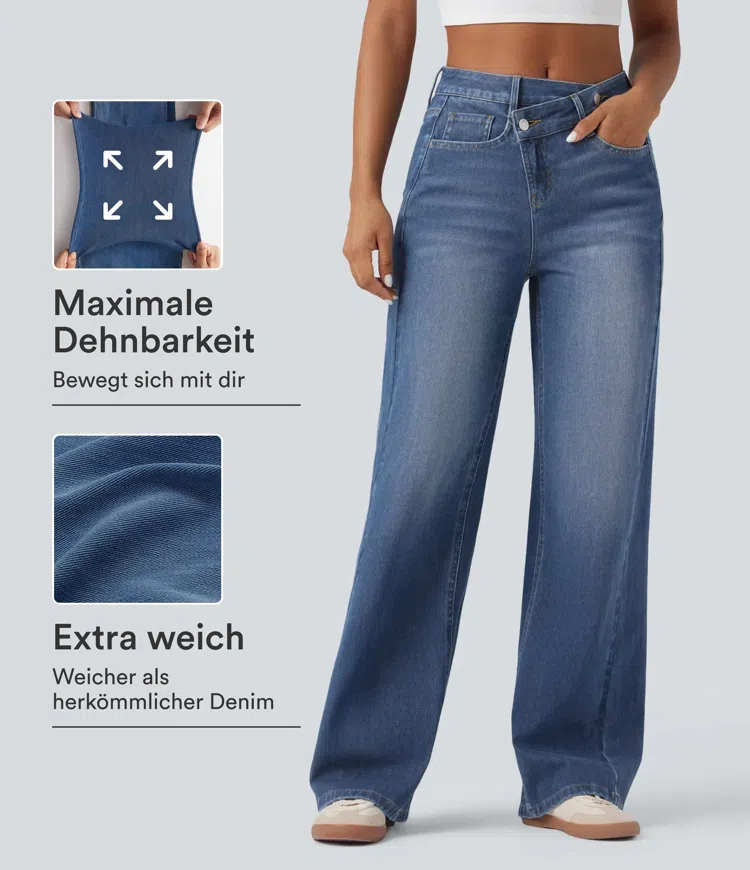 Halara Flex™ - Asymmetrische Baggy-Jeans aus elastischem Strick-Denim mit hohem Bund und Taschen