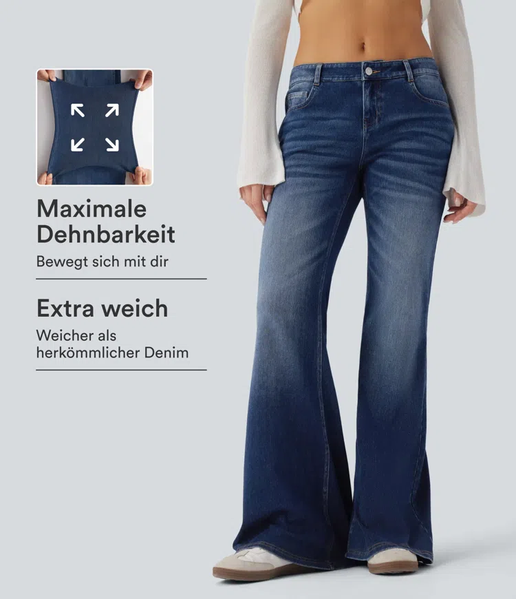 Halara Flex™ - Lässige, gewaschene Flare-Jeans aus elastischem Strick-Denim mit niedrigem Bund und Seitentaschen
