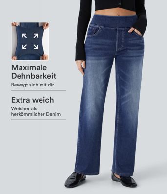 Halara Flex™ Jeans mit hohem Bund, mehreren Taschen, geradem Bein, verwaschenem