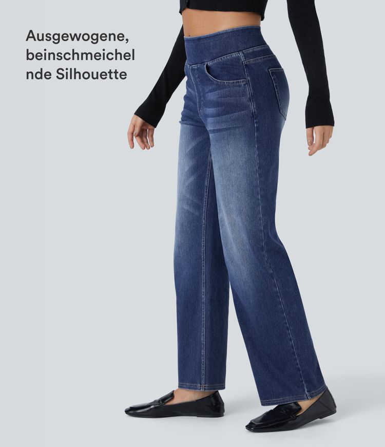 Halara Flex™ Jeans mit hohem Bund, mehreren Taschen, geradem Bein, verwaschenem