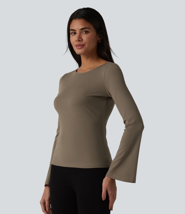 Ribbed Knit Boat Neck Flounce Long Sleeve Casual T-Shirt