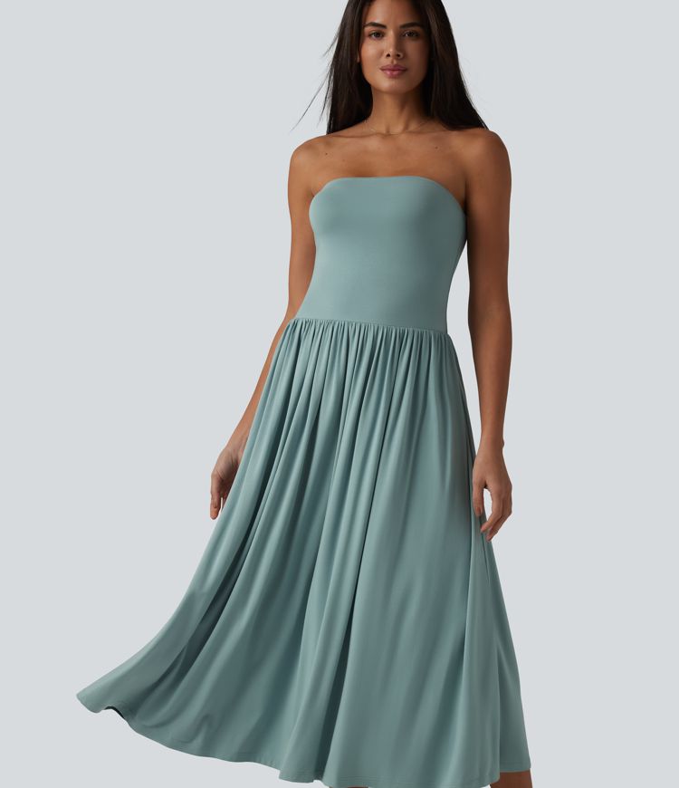 Fließendes, gerafftes Midikleid mit Tube-Top