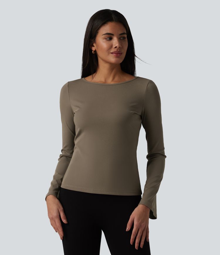 Ribbed Knit Boat Neck Flounce Long Sleeve Casual T-Shirt