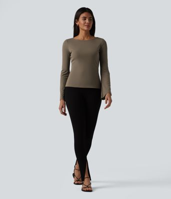 Ribbed Knit Boat Neck Flounce Long Sleeve Casual T-Shirt