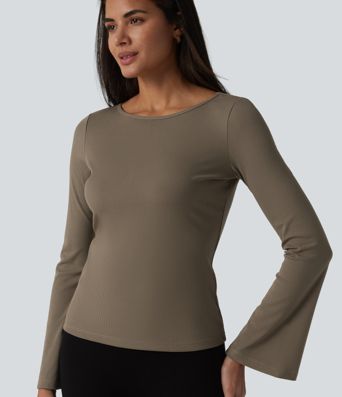 Ribbed Knit Boat Neck Flounce Long Sleeve Casual T-Shirt