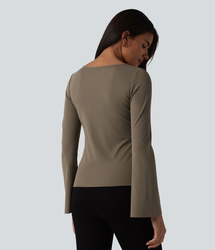 Ribbed Knit Boat Neck Flounce Long Sleeve Casual T-Shirt