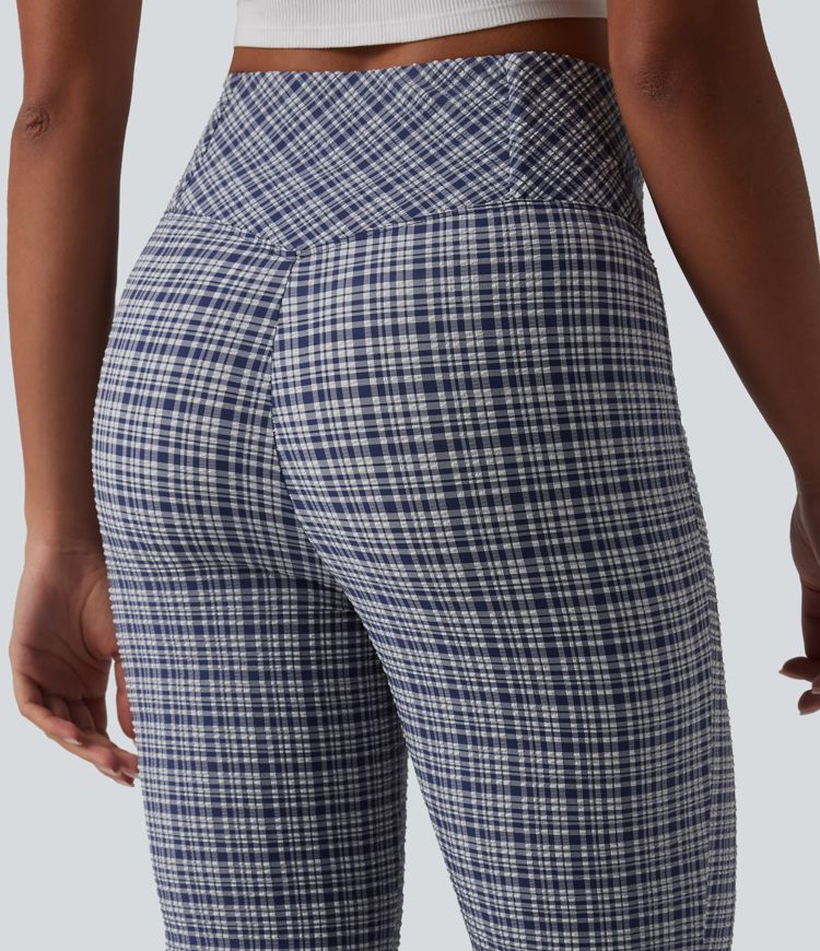 High Waisted Crossover Tummy Control Plaid Crinkle Quick Dry Flare Casual Pants with Pockets