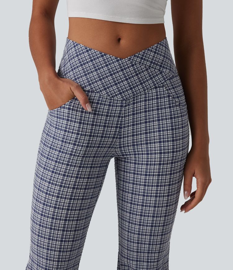 High Waisted Crossover Tummy Control Plaid Crinkle Quick Dry Flare Casual Pants with Pockets