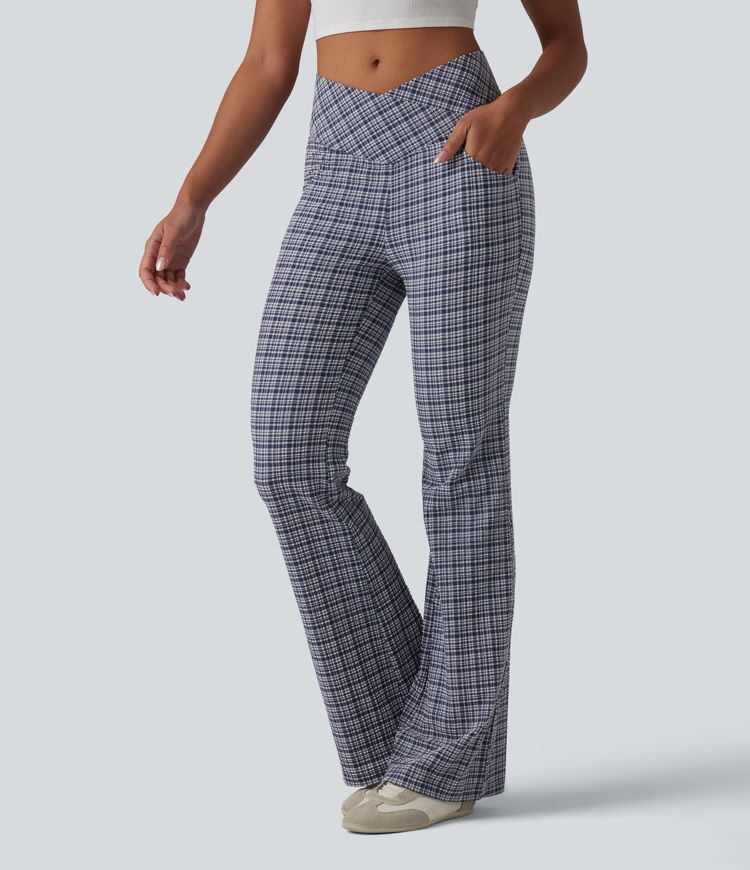 High Waisted Crossover Tummy Control Plaid Crinkle Quick Dry Flare Casual Pants with Pockets