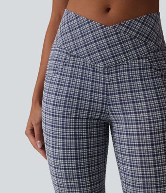 High Waisted Crossover Tummy Control Plaid Crinkle Quick Dry Flare Casual Pants with Pockets
