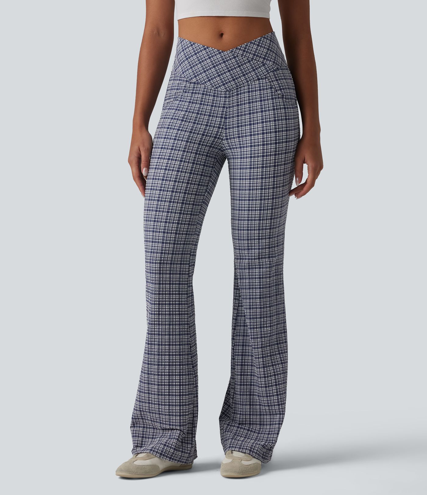 High Waisted Crossover Tummy Control Plaid Crinkle Quick Dry Flare Casual Pants with Pockets