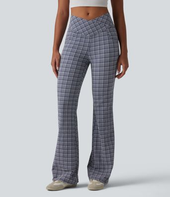 High Waisted Crossover Tummy Control Plaid Crinkle Quick Dry Flare Casual Pants with Pockets