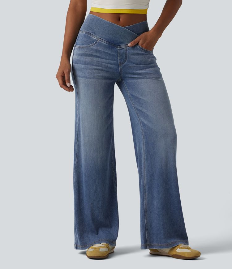 Halara Flex™ - Lässige, drapierte Baggy-Jeans aus verwaschenem Lyocell mit hohem Crossover-Bund und mehreren Taschen