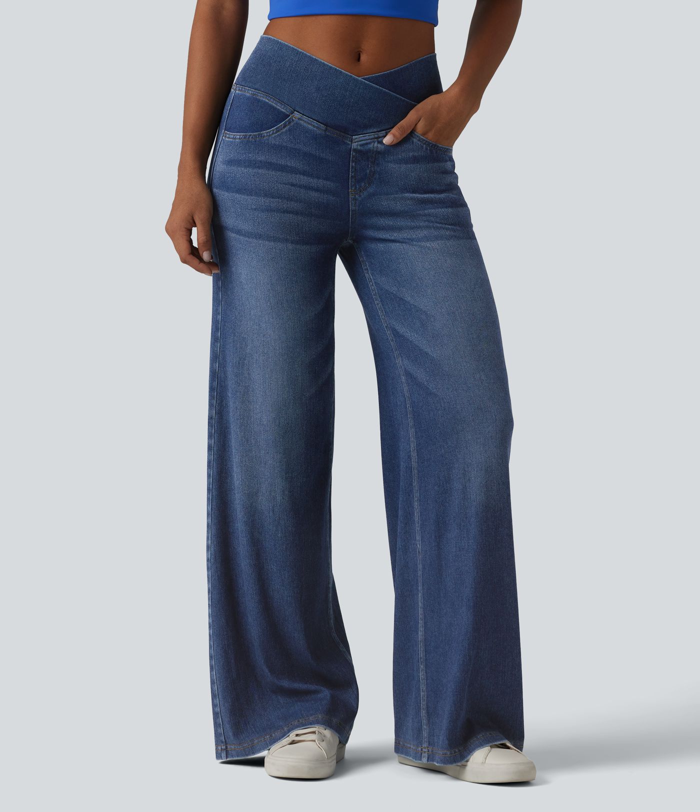 Halara Flex™ Crossover High Waisted Draped Lyocell Washed Casual Baggy Jeans with Pockets Halara Flex™ Crossover High Waisted Draped Lyocell Washed Casual Baggy Jeans with Pockets