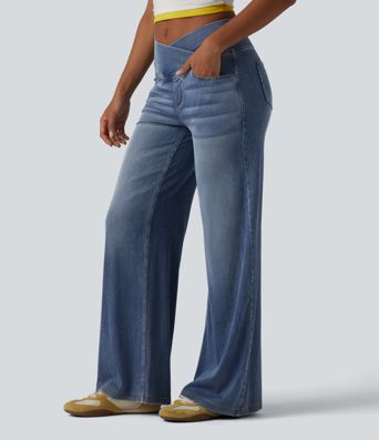 Halara Flex™ - Lässige, drapierte Baggy-Jeans aus verwaschenem Lyocell mit hohem Crossover-Bund und mehreren Taschen