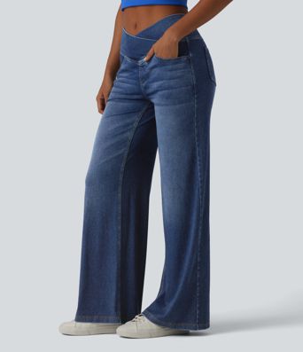 Halara Flex™ Crossover High Waisted Draped Lyocell Washed Casual Baggy Jeans with Pockets