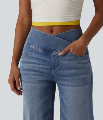 Halara Flex™ - Lässige, drapierte Baggy-Jeans aus verwaschenem Lyocell mit hohem Crossover-Bund und mehreren Taschen