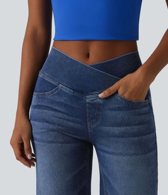Halara Flex™ Crossover High Waisted Draped Lyocell Washed Casual Baggy Jeans with Pockets