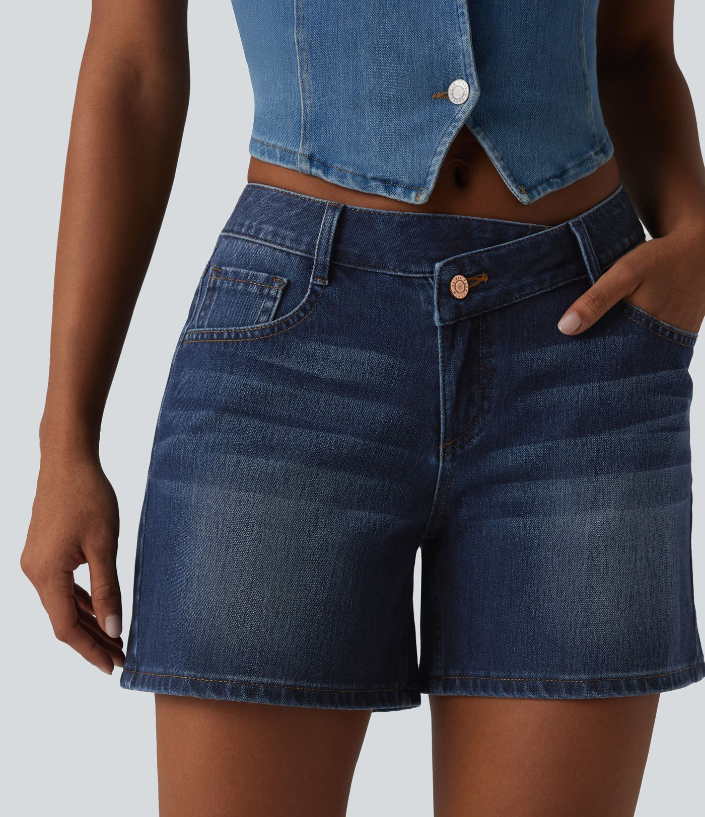 Halara Flex™ Asymmetric Low Rise Pockets Washed Denim Casual Shorts