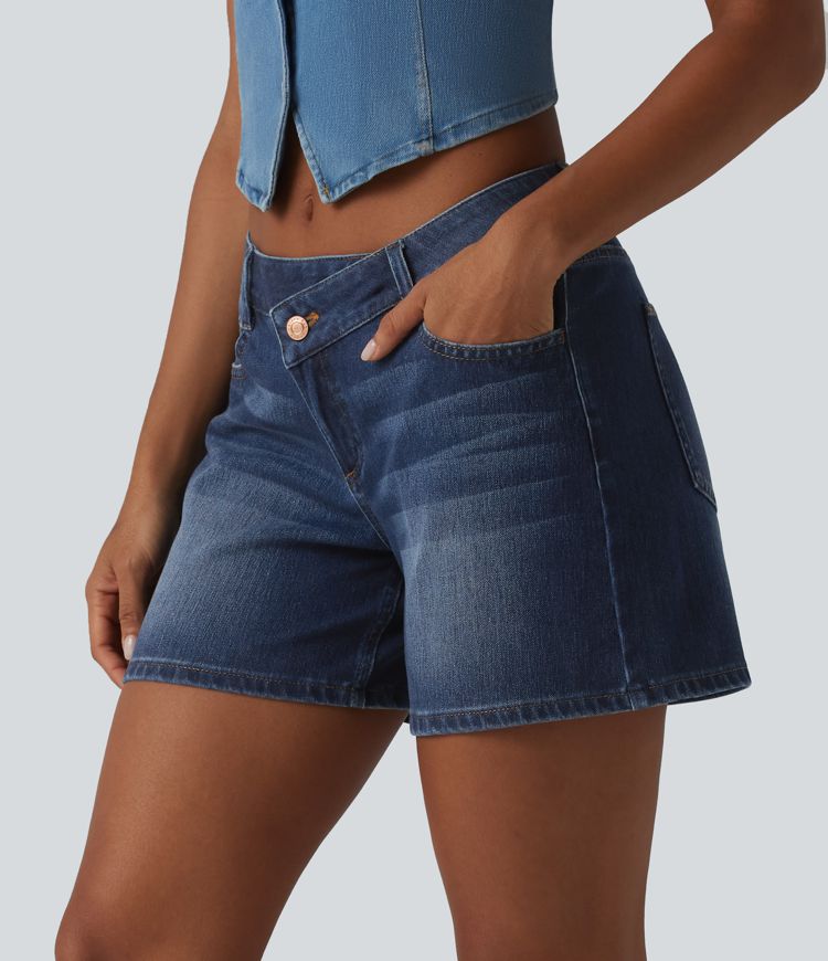 Halara Flex™ Asymmetric Low Rise Pockets Washed Denim Casual Shorts