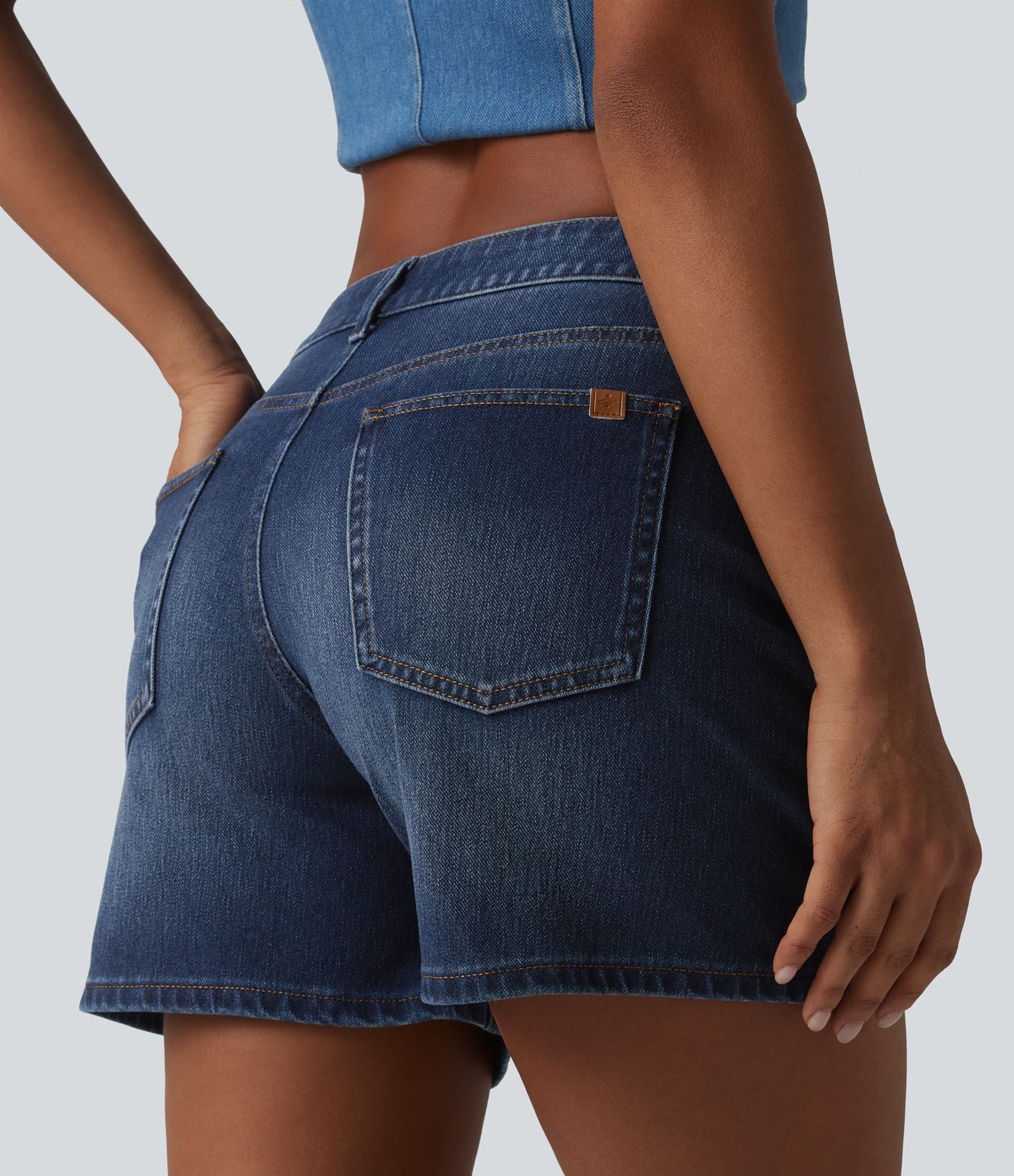 Halara Flex™ Asymmetric Low Rise Pockets Washed Denim Casual Shorts