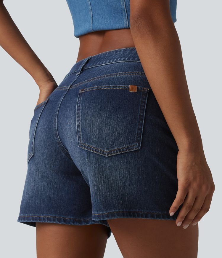 Halara Flex™ Asymmetric Low Rise Pockets Washed Denim Casual Shorts