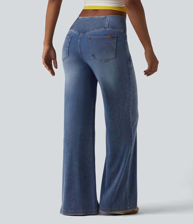 Halara Flex™ - Lässige, drapierte Baggy-Jeans aus verwaschenem Lyocell mit hohem Crossover-Bund und mehreren Taschen