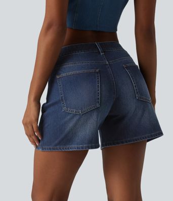 Halara Flex™ Asymmetric Low Rise Pockets Washed Denim Casual Shorts