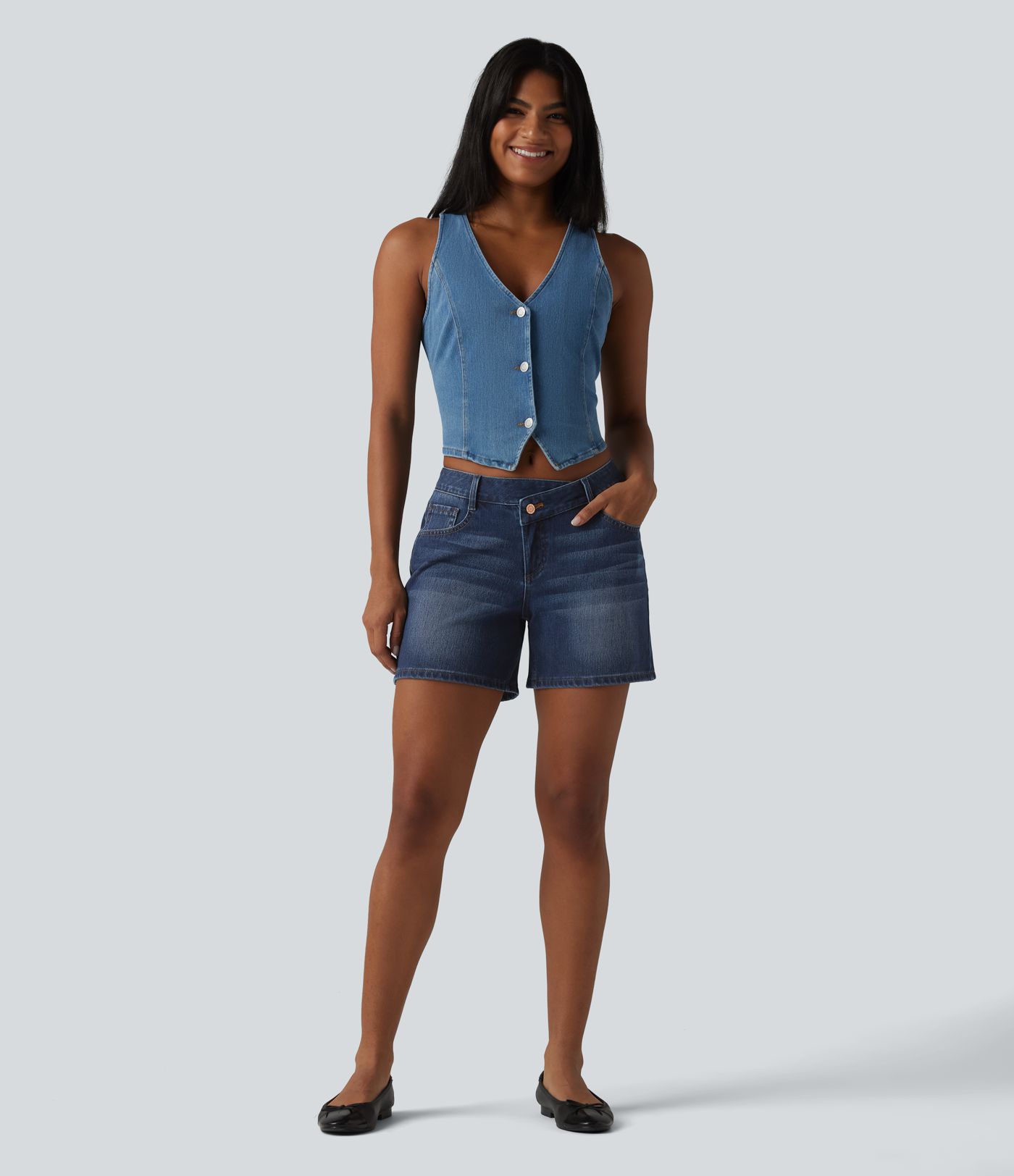 Halara Flex™ Asymmetric Low Rise Pockets Washed Denim Casual Shorts