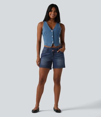 Halara Flex™ Asymmetric Low Rise Pockets Washed Denim Casual Shorts