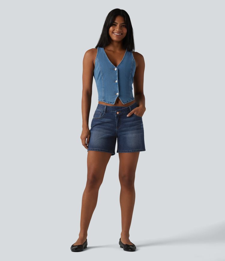 Halara Flex™ Asymmetric Low Rise Pockets Washed Denim Casual Shorts