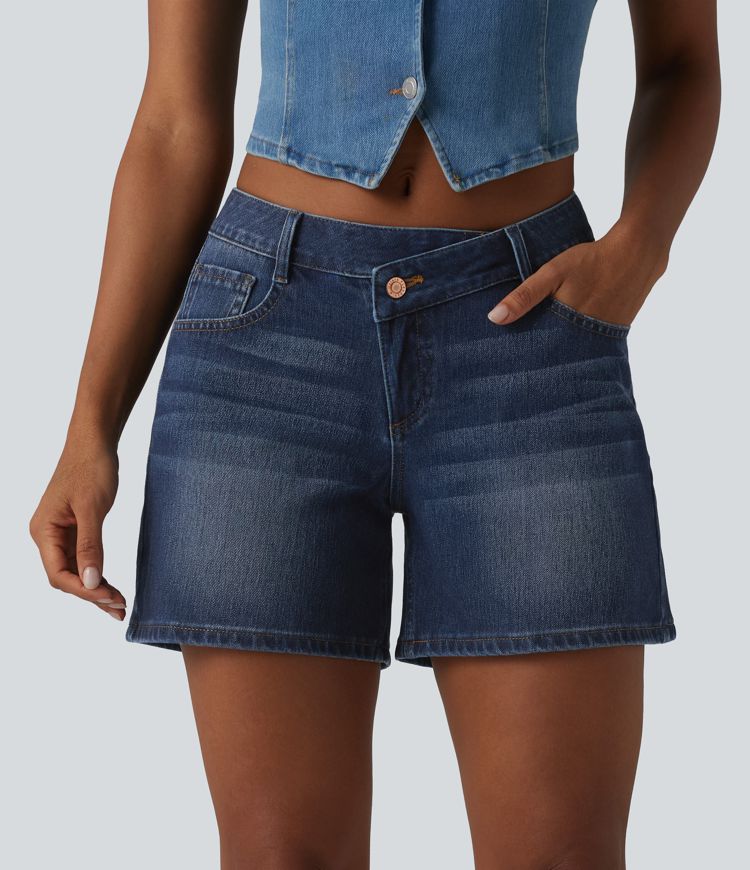 Halara Flex™ Asymmetric Low Rise Pockets Washed Denim Casual Shorts