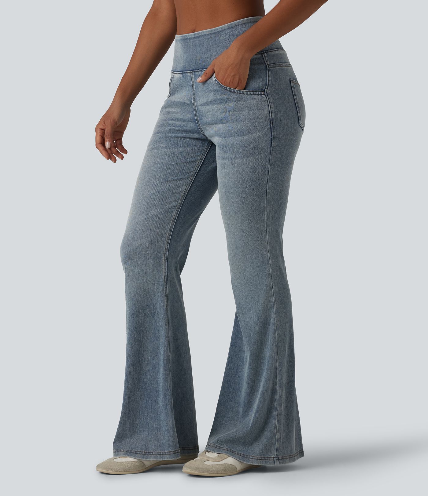 Halara Flex™ Mid Rise Draped Lyocell Washed Flare Casual Jeans with Pockets
