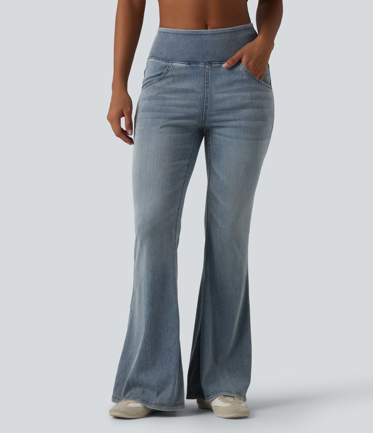 Halara Flex™ Mid Rise Draped Lyocell Washed Flare Casual Jeans with Pockets