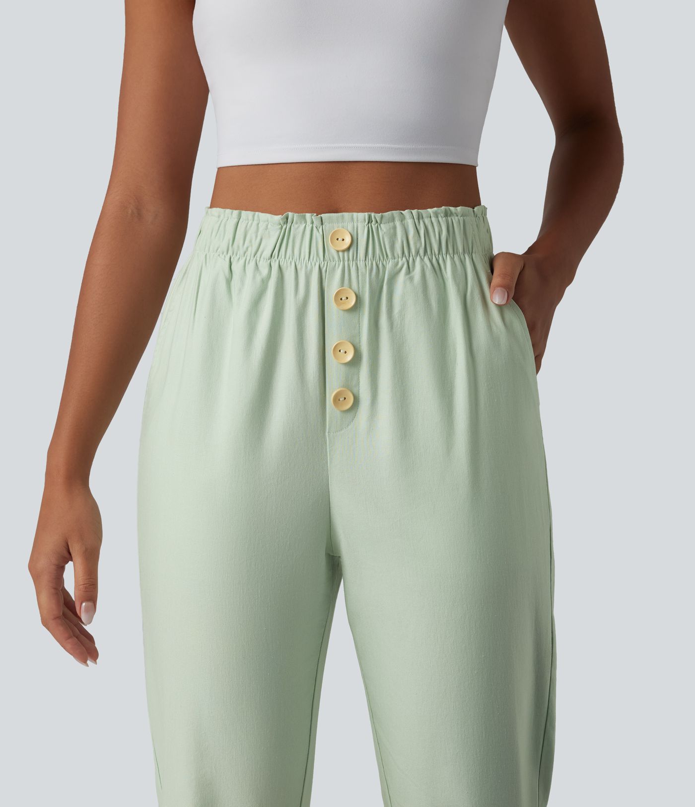 Pantalon casual en coton et lin coupe fuselée taille haute avec poches