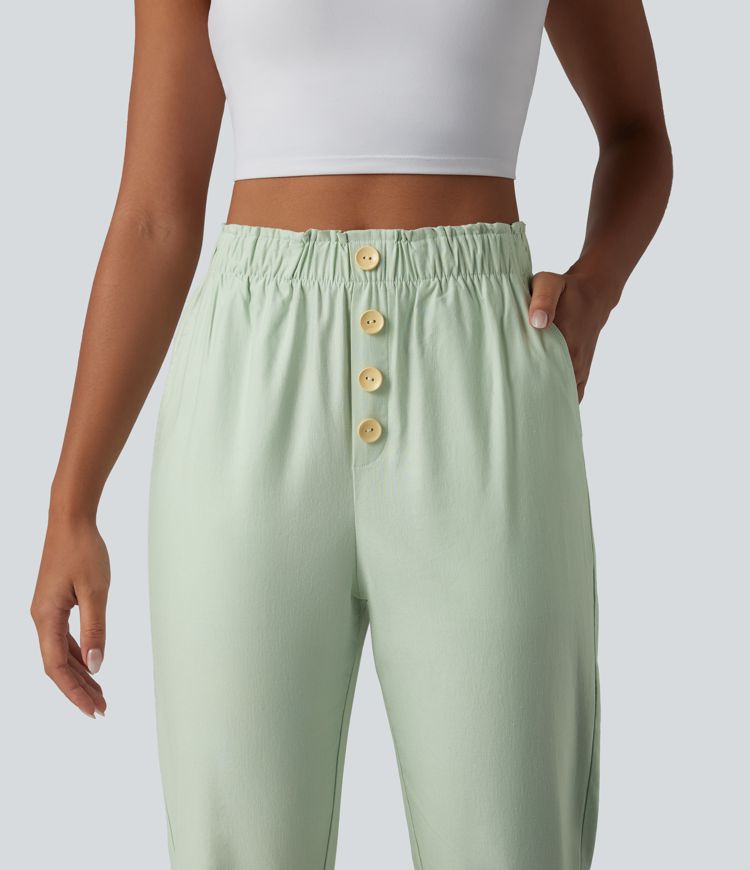 Pantalon casual en coton et lin coupe fuselée taille haute avec poches