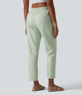Pantalon casual en coton et lin coupe fuselée taille haute avec poches