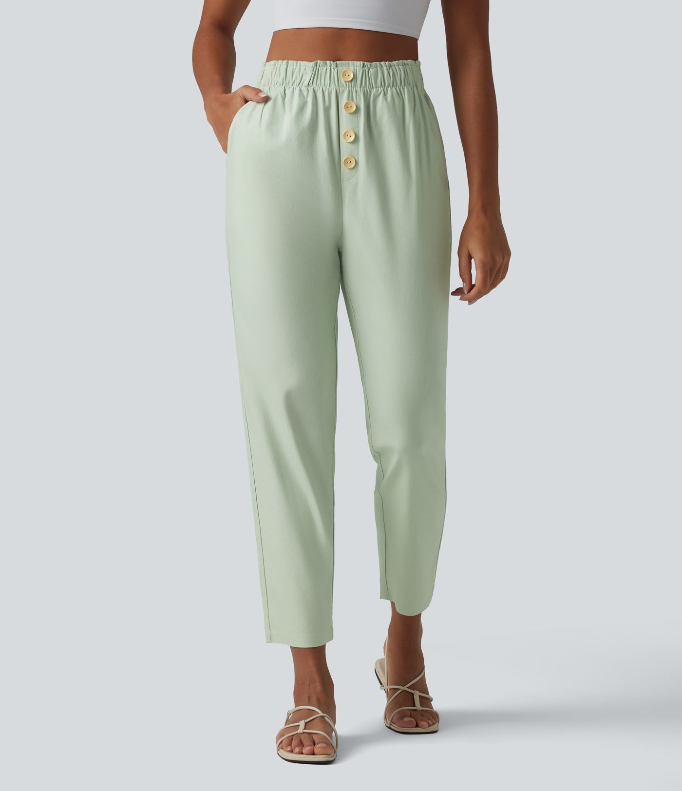 Pantalon casual en coton et lin coupe fuselée taille haute avec poches