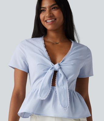 V Neck Tie Front Short Sleeve Quick Dry Top