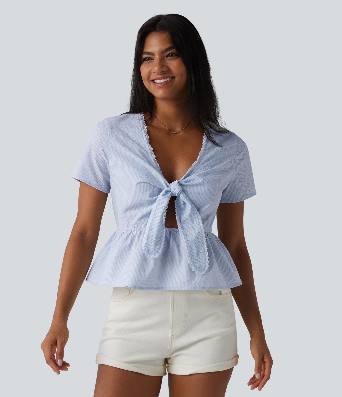V Neck Tie Front Short Sleeve Quick Dry Top