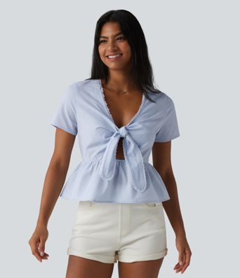 V Neck Tie Front Short Sleeve Quick Dry Top